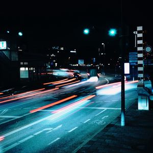 Preview wallpaper road, night, lanterns, lights, long exposure