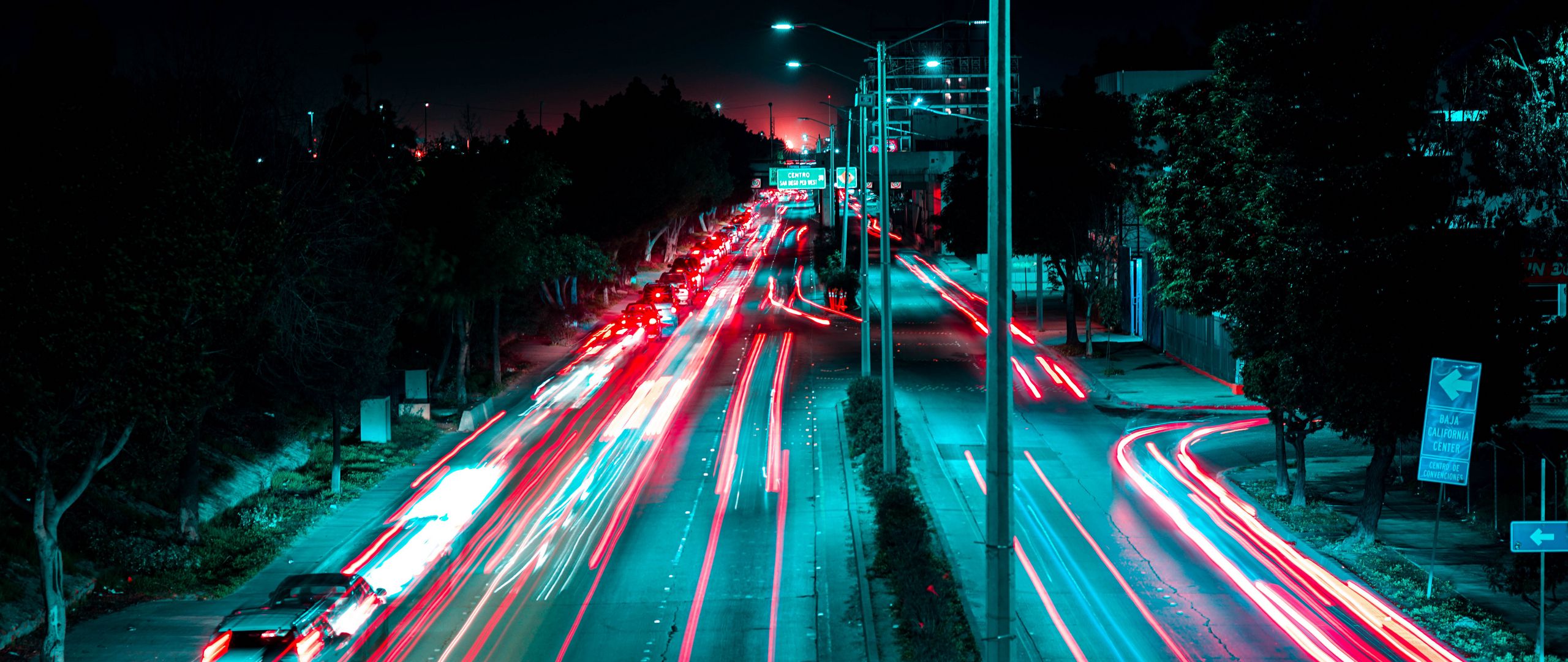 Download wallpaper 2560x1080 night city, road, long exposure, night ...