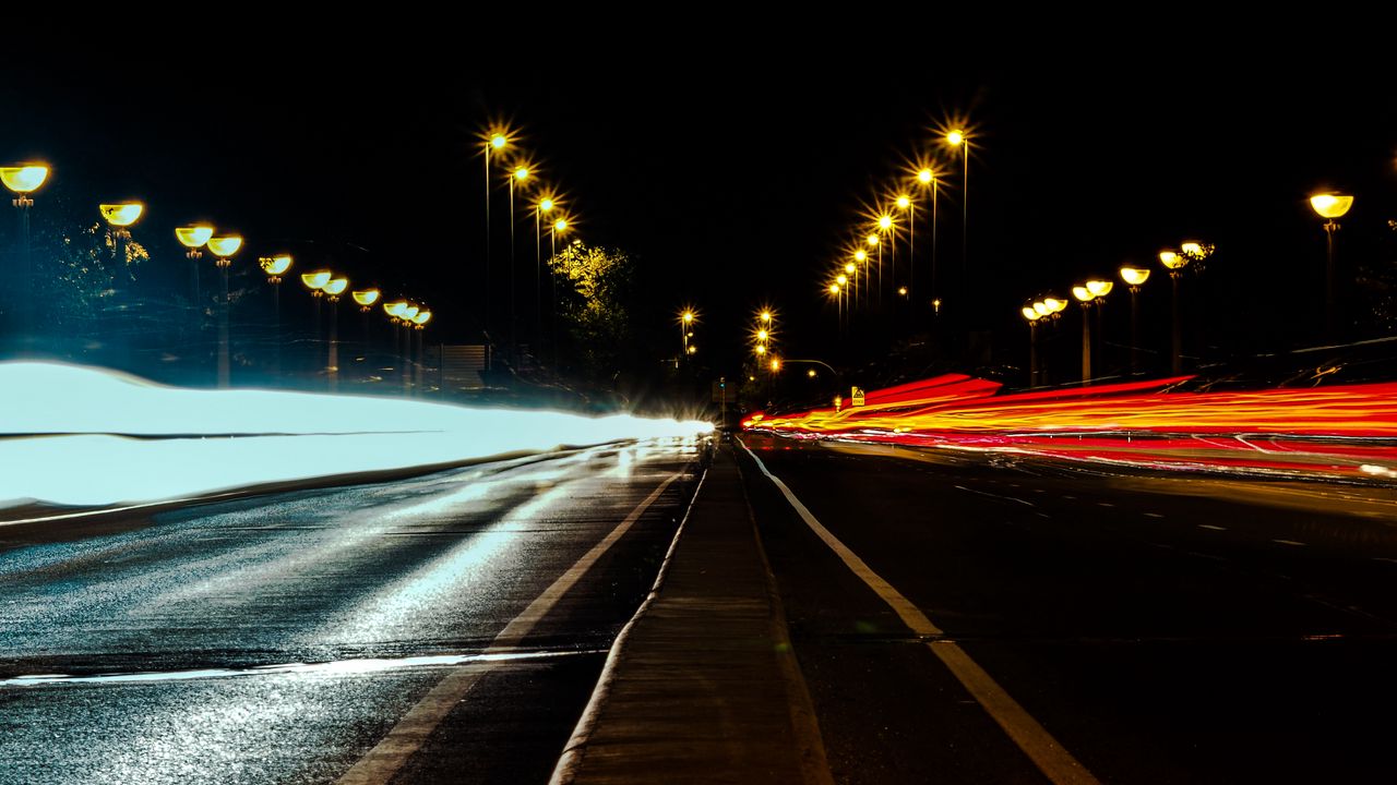 Wallpaper road, night, lighting, long exposure