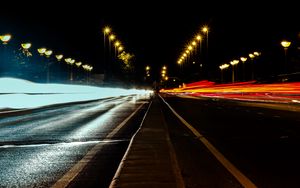 Preview wallpaper road, night, lighting, long exposure