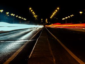 Preview wallpaper road, night, lighting, long exposure