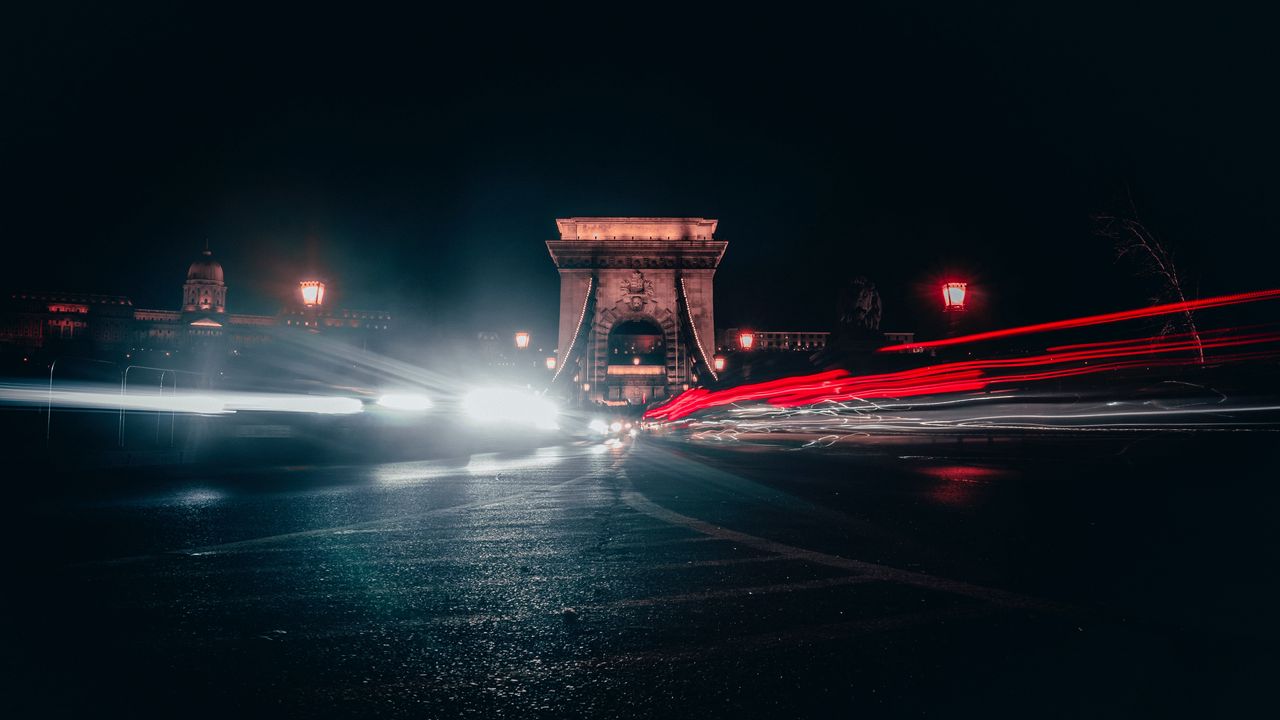 Wallpaper road, night, lights, long exposure, dark