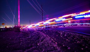 Preview wallpaper road, night, lights, long exposure, neon, blur