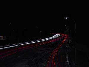 Preview wallpaper road, night, lights, long exposure, dark, darkness