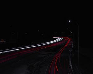 Preview wallpaper road, night, lights, long exposure, dark, darkness