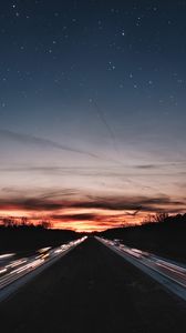 Preview wallpaper road, night, line, light, starry sky