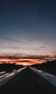 Preview wallpaper road, night, line, light, starry sky