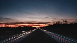 Preview wallpaper road, night, line, light, starry sky
