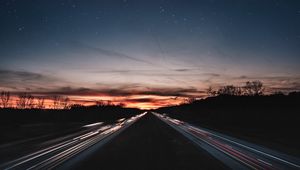 Preview wallpaper road, night, line, light, starry sky