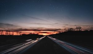 Preview wallpaper road, night, line, light, starry sky