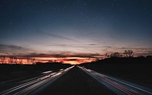 Preview wallpaper road, night, line, light, starry sky