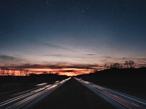 Preview wallpaper road, night, line, light, starry sky
