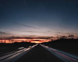 Preview wallpaper road, night, line, light, starry sky
