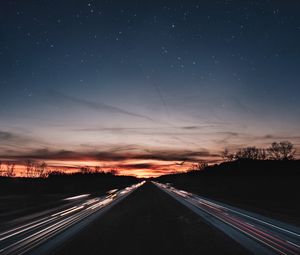Preview wallpaper road, night, line, light, starry sky