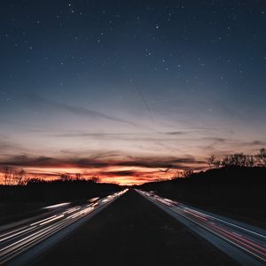 Preview wallpaper road, night, line, light, starry sky