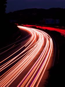 Preview wallpaper road, night, long exposure, backlight, turn, dark