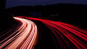 Preview wallpaper road, night, long exposure, backlight, turn, dark