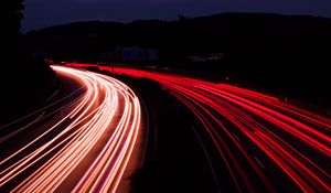 Preview wallpaper road, night, long exposure, backlight, turn, dark