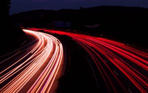 Preview wallpaper road, night, long exposure, backlight, turn, dark