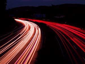 Preview wallpaper road, night, long exposure, backlight, turn, dark