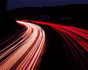 Preview wallpaper road, night, long exposure, backlight, turn, dark