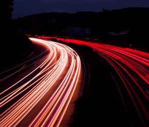 Preview wallpaper road, night, long exposure, backlight, turn, dark