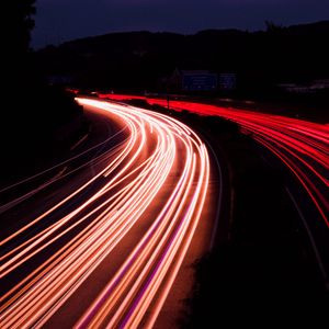 Preview wallpaper road, night, long exposure, backlight, turn, dark