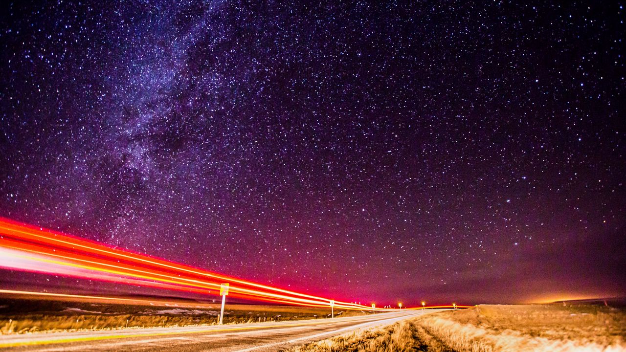 Wallpaper road, night, long exposure, starry sky, stars