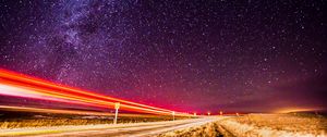 Preview wallpaper road, night, long exposure, starry sky, stars