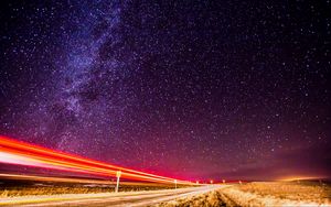 Preview wallpaper road, night, long exposure, starry sky, stars