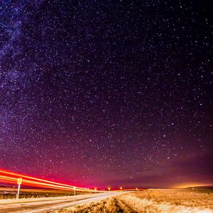 Preview wallpaper road, night, long exposure, starry sky, stars