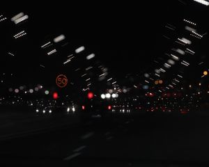 Preview wallpaper road, night, movement, lights, glare, blur