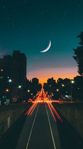 Preview wallpaper road, night, stars, moon, long exposure