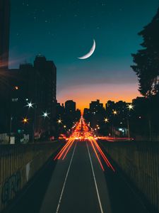 Preview wallpaper road, night, stars, moon, long exposure