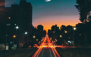 Preview wallpaper road, night, stars, moon, long exposure