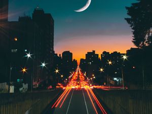 Preview wallpaper road, night, stars, moon, long exposure