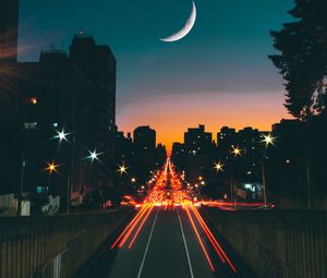 Preview wallpaper road, night, stars, moon, long exposure