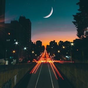 Preview wallpaper road, night, stars, moon, long exposure