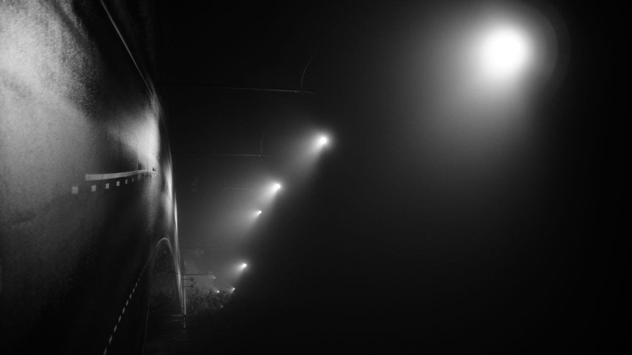 Wallpaper road, night, streetlights, fog, dark, bw