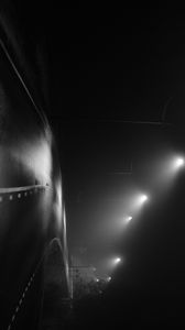 Preview wallpaper road, night, streetlights, fog, dark, bw