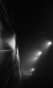 Preview wallpaper road, night, streetlights, fog, dark, bw