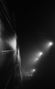 Preview wallpaper road, night, streetlights, fog, dark, bw