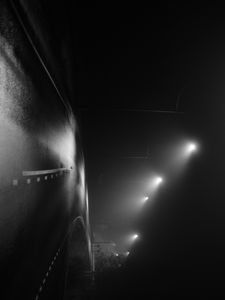 Preview wallpaper road, night, streetlights, fog, dark, bw
