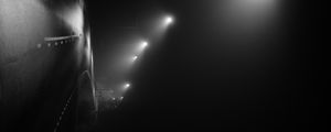 Preview wallpaper road, night, streetlights, fog, dark, bw
