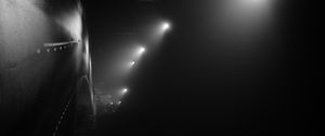 Preview wallpaper road, night, streetlights, fog, dark, bw