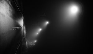 Preview wallpaper road, night, streetlights, fog, dark, bw