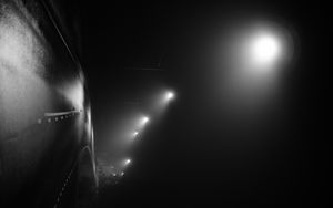 Preview wallpaper road, night, streetlights, fog, dark, bw