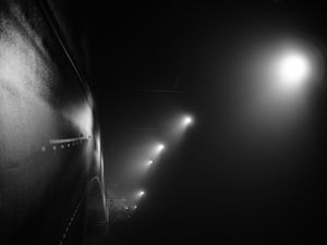 Preview wallpaper road, night, streetlights, fog, dark, bw