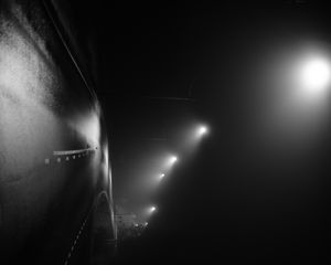 Preview wallpaper road, night, streetlights, fog, dark, bw