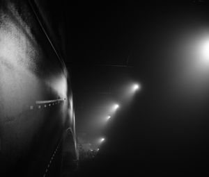 Preview wallpaper road, night, streetlights, fog, dark, bw